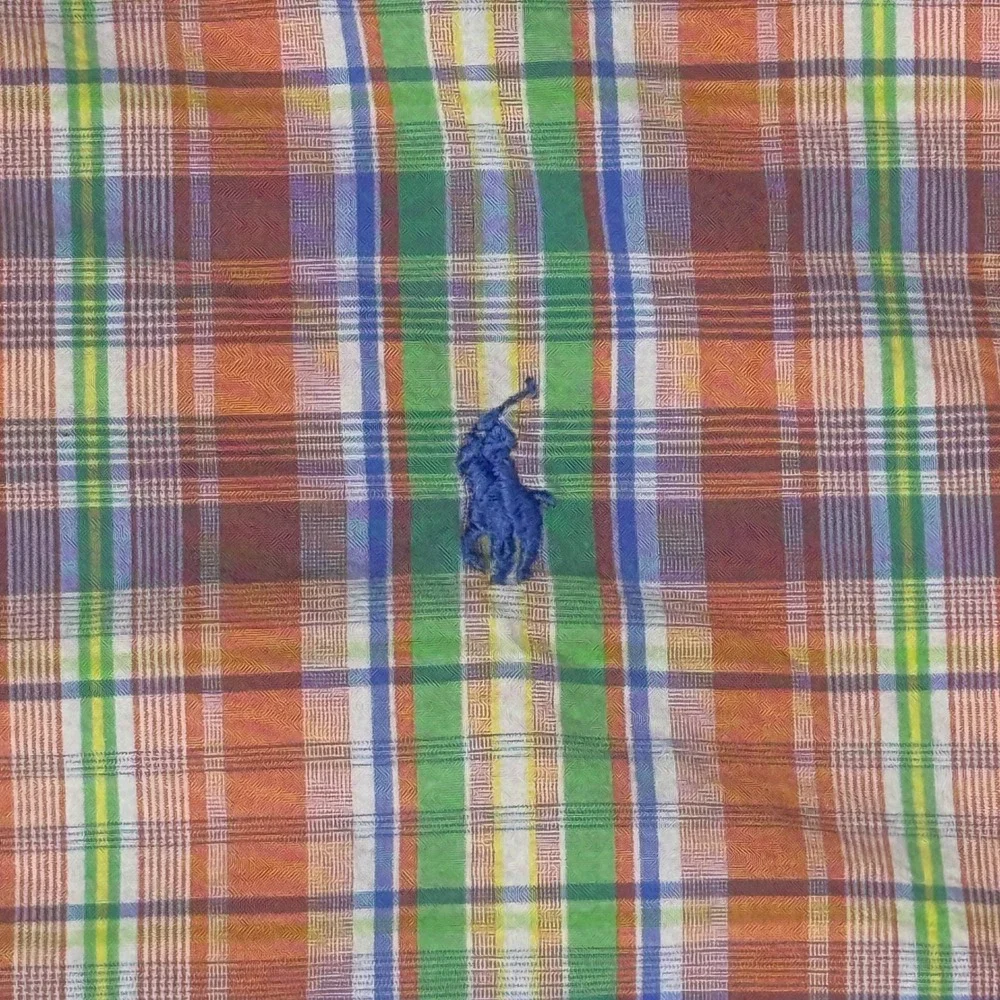 Ralph Lauren Boys Large Plaid Short Sleeve Button Down Shirt Orange‎ Green Blue